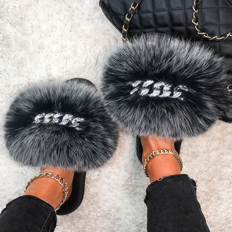 Women's Fluffy Fur Slippers W/ Chain Detail - AM APPAREL