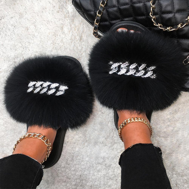 Women's Fluffy Fur Slippers W/ Chain Detail - AM APPAREL