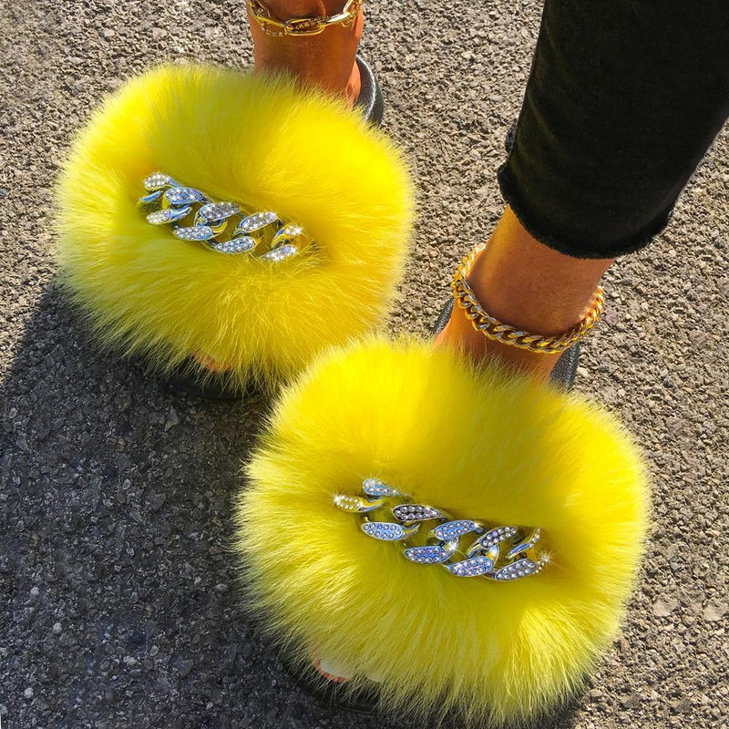 Women's Fluffy Fur Slippers W/ Chain Detail - AM APPAREL