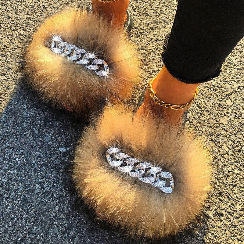 Women's Fluffy Fur Slippers W/ Chain Detail - AM APPAREL