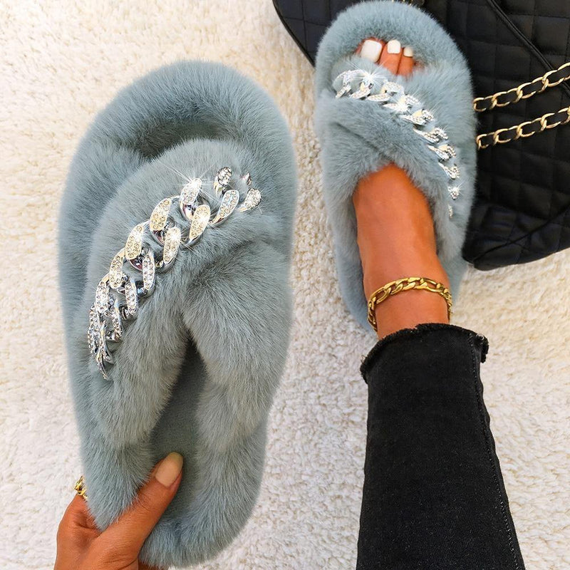 Women's Furry Cross Chain Slippers - AM APPAREL