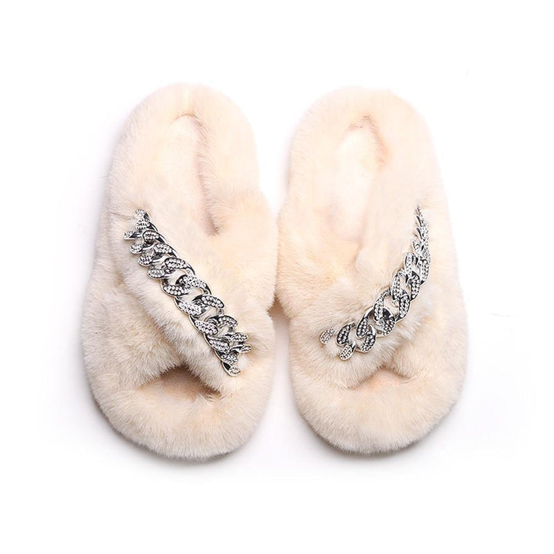 Women's Furry Cross Chain Slippers - AM APPAREL