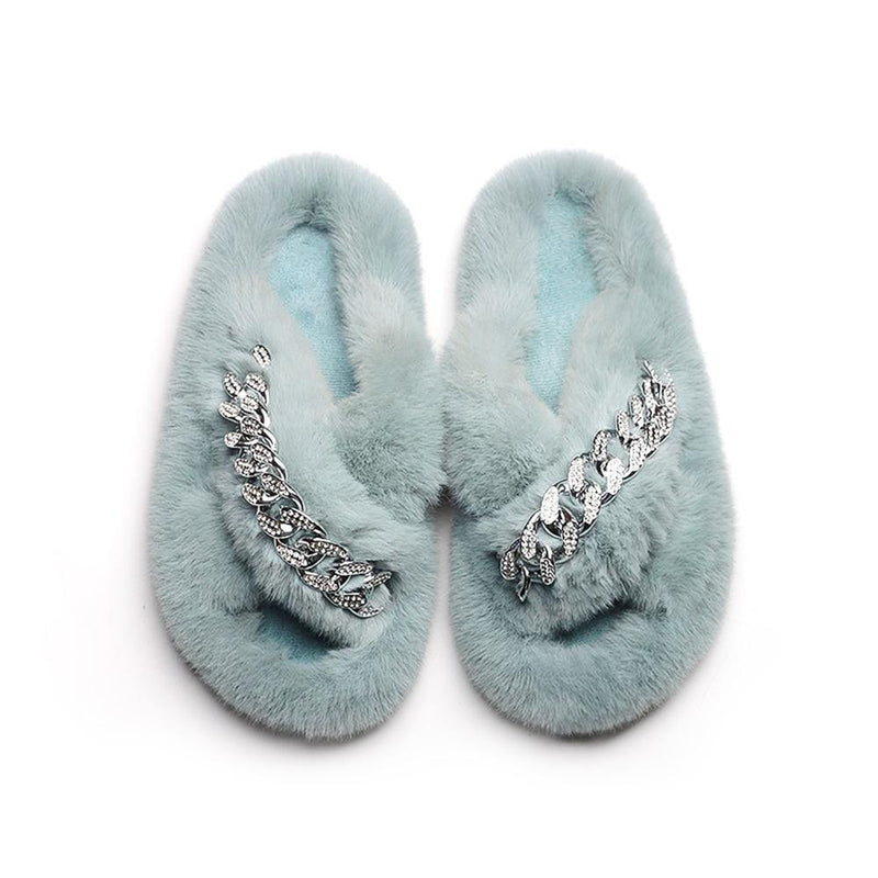 Women's Furry Cross Chain Slippers - AM APPAREL