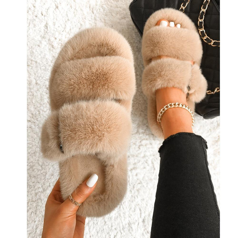 Women's Furry Platform Slipper Sandals - AM APPAREL