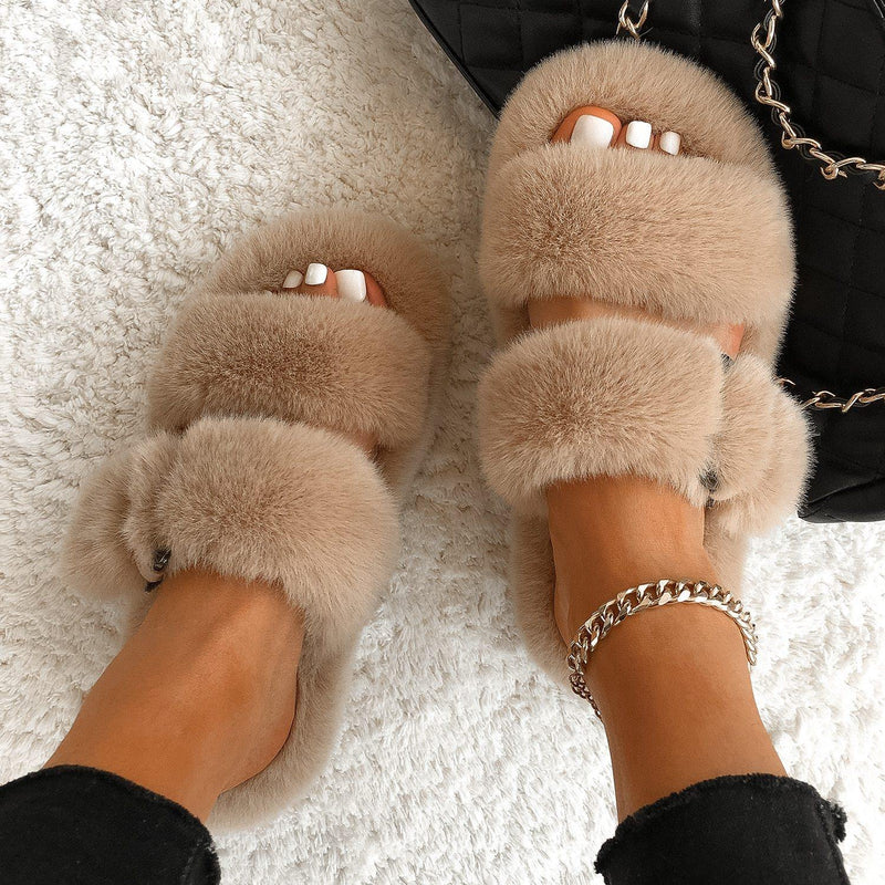 Women's Furry Platform Slipper Sandals - AM APPAREL