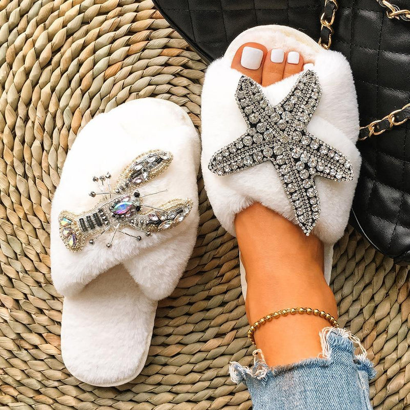 Women's Furry Slippers W/ Starfish Lobster Detail - AM APPAREL