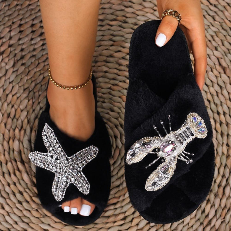 Women's Furry Slippers W/ Starfish Lobster Detail - AM APPAREL