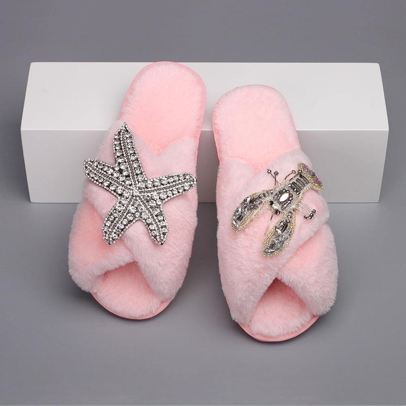 Women's Furry Slippers W/ Starfish Lobster Detail - AM APPAREL