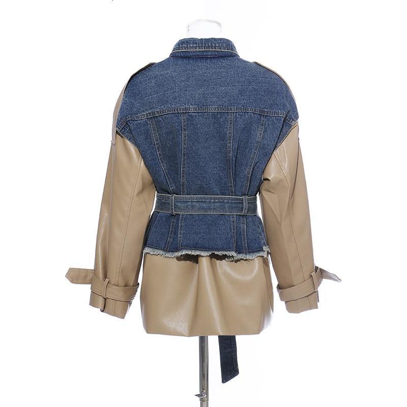 Women's Patchwork Faux Leather & Denim Coat - AM APPAREL