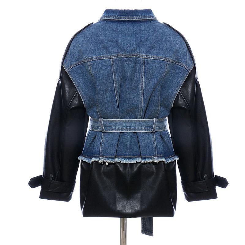 Women's Patchwork Faux Leather & Denim Coat - AM APPAREL