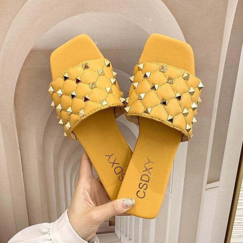 Women's PU Leather Slippers W/ Rivets Details - AM APPAREL