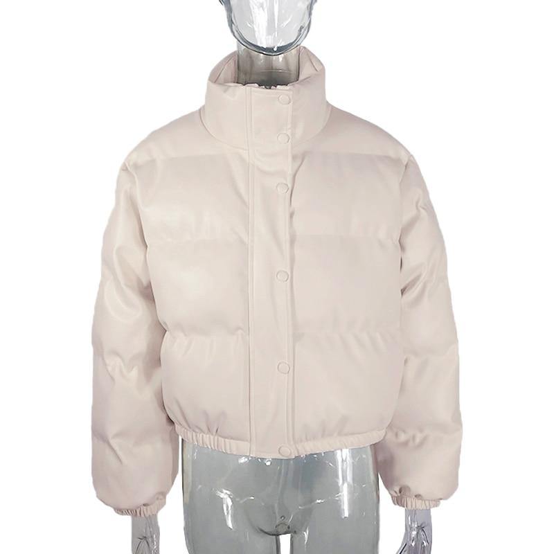 Women's Stand Collar PU Leather Parkas Jacket - AM APPAREL